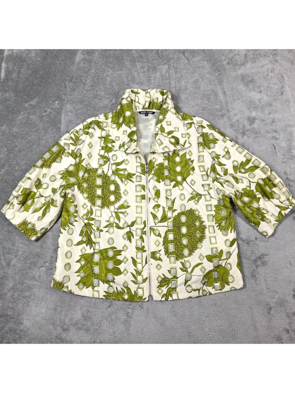 Samuel Dong Jacket Medium Green Floral Cut Out Cropped Full Zip Puff Sleeve Art